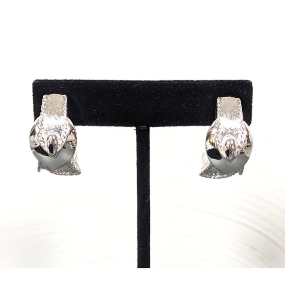 Vintage Monet Silver Tone Brushed Buckle Hoop Huggie Clip Earrings Retro MCM - Picture 1 of 8
